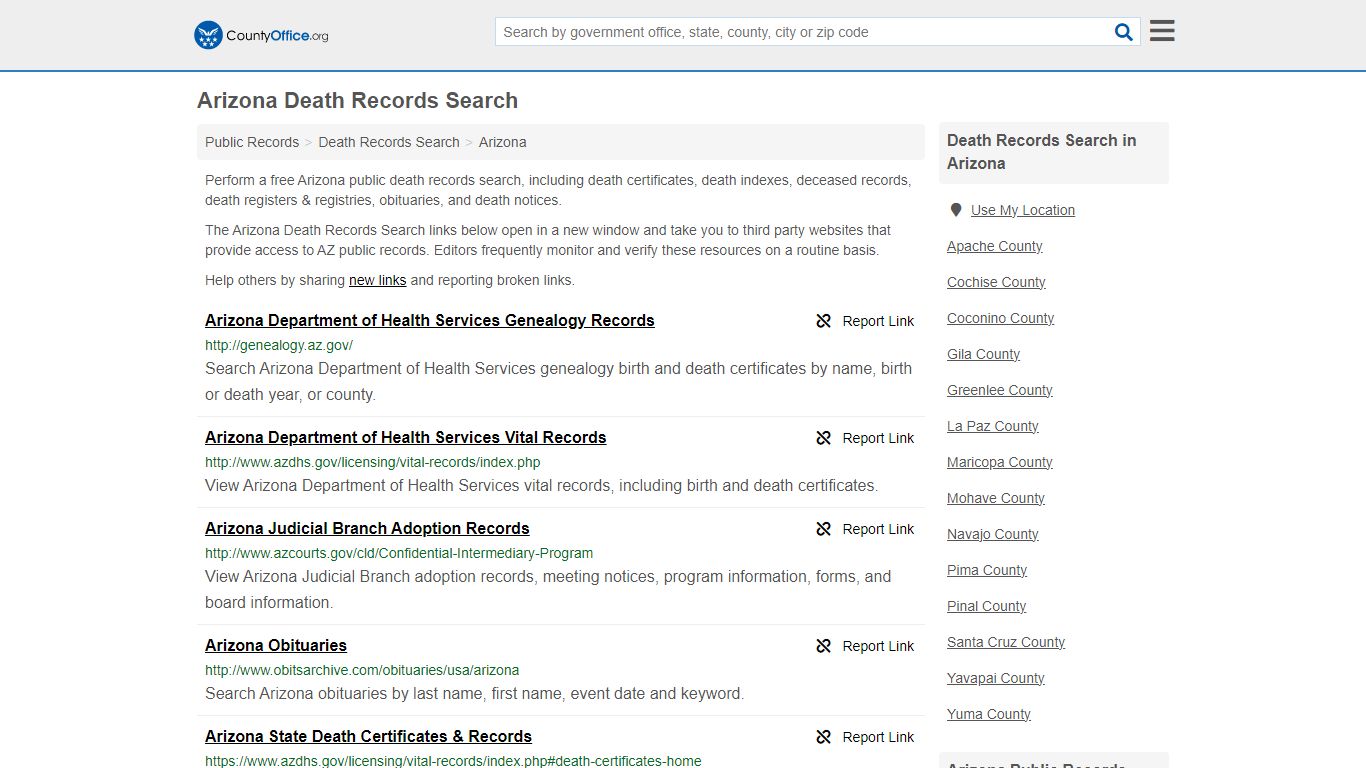 Arizona Death Records Search - County Office
